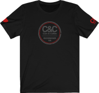 Grey and red D-Circle distressed logo on the front, red decals on the sleeves with an empty back